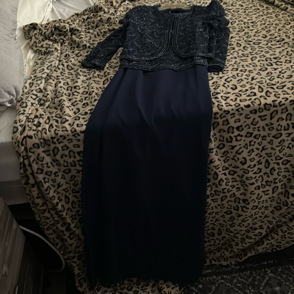 Mother of the bride navy dress with beaded cropped jacket. bought from Macys
